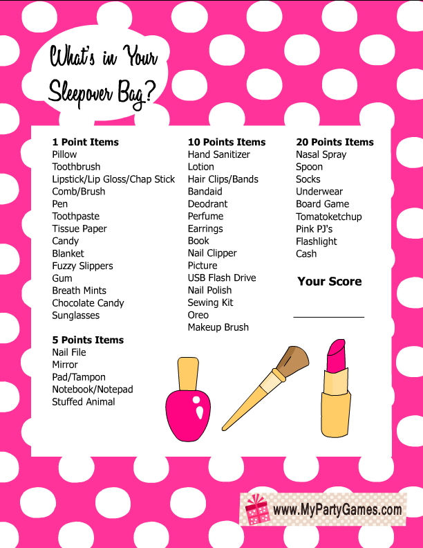 free printable whats in your sleepover bag slumber party game for girls