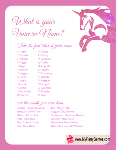 What is your Unicorn Name? Game Free Printable