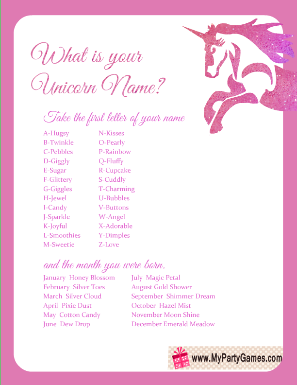 Free Printable What is your Unicorn Name? Game