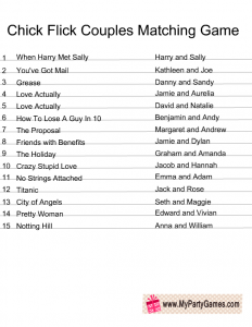 Rom-Com or Chick Flick Couples Matching Game Answer Key