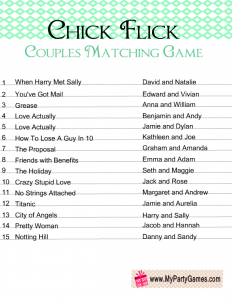 Free Printable Chick Flick Couples Matching Game in Mint Color