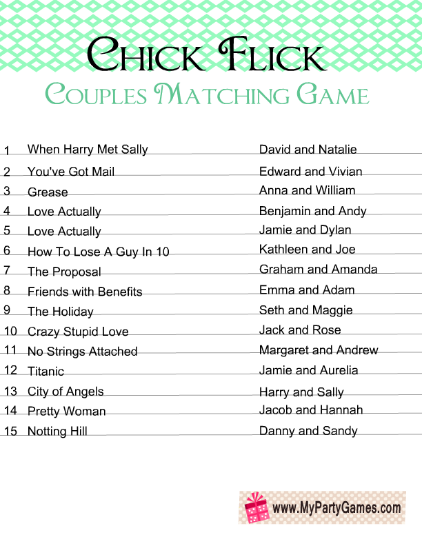 Free Printable Chick Flick Couples Matching Game