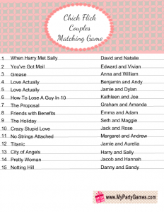 Chick Flick Couples Matching Game Free Printable