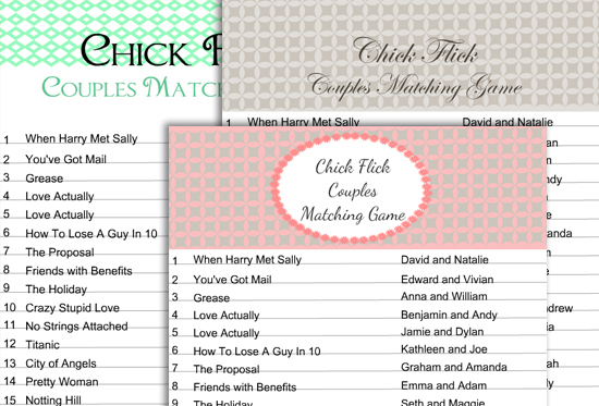 Free Printable Chick Flick Couples Matching Game