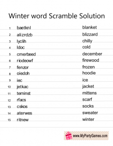 Winter Word Scramble Answer Key