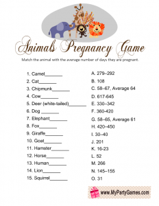 Animal Pregnancy Game Free Printable