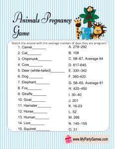 Free Printable Animal Pregnancy Game in Blue Color