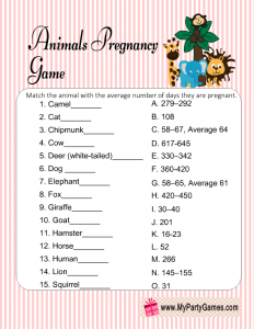 Free Printable Animal Pregnancy Game in Pink Color