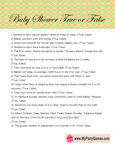 Baby Shower True or False Trivia Quiz in Green and Peach Colors