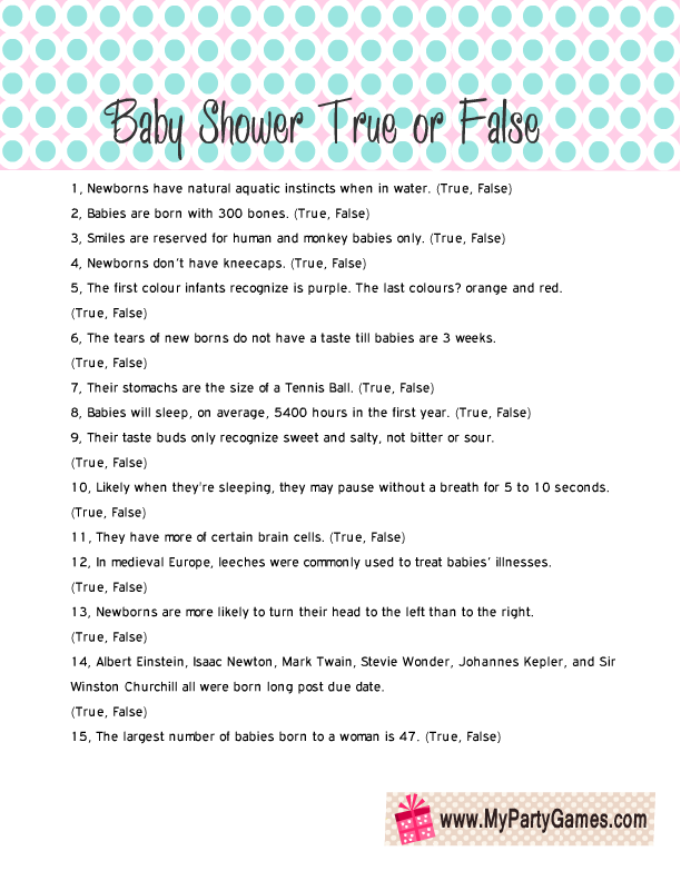 Free Printable Baby Shower True Or False Game