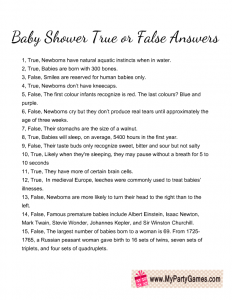 Baby Shower True or False Game Answer Key