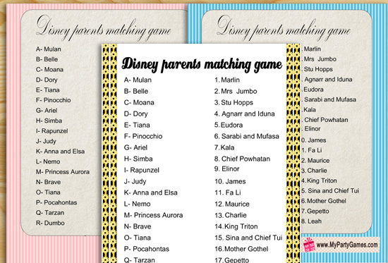Free Printable Disney Parents Matching Game