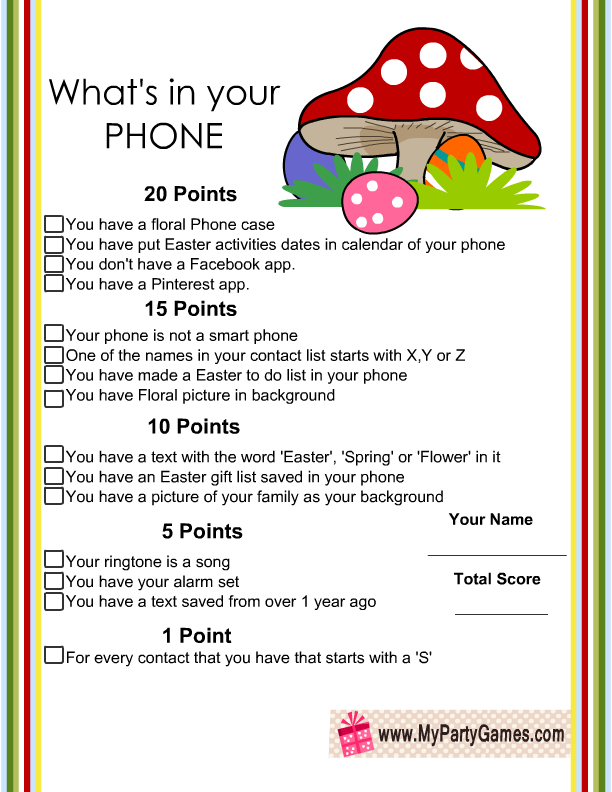 Free Printable What’s in your phone game for Easter