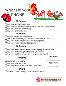 Free Printable What's in your phone game for Easter