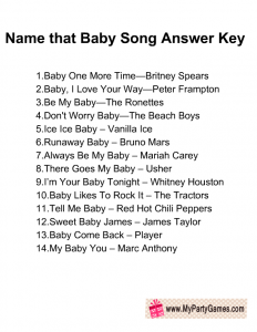 Name that Song Baby Shower Game Answer Key