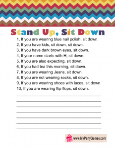 Free Printable Stand up, Sit down Game 