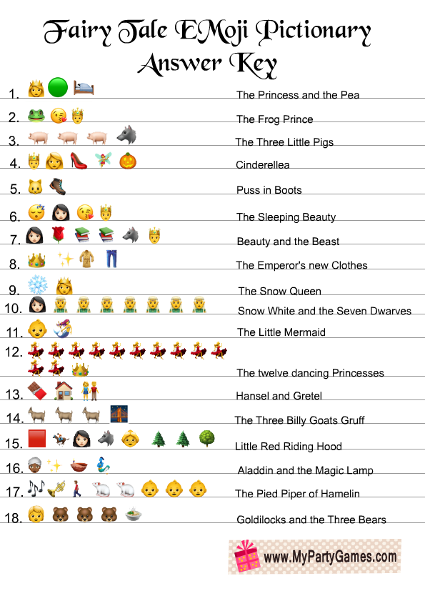 Free Printable Fairy Tales Emoji Pictionay Answer Key