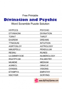 Divination and Psychic Word Scramble Puzzle Solution