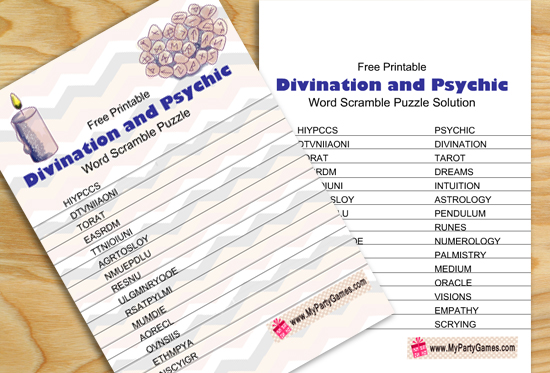 Free Printable Divination and Psychic Word Scramble Puzzle