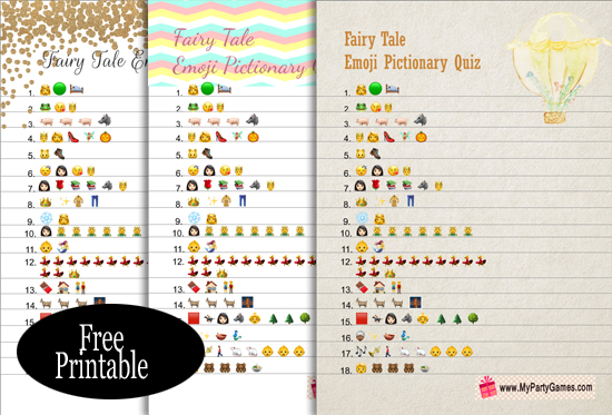 Free Printable Fairy Tales Emoji Pictionay Quiz for Baby Shower