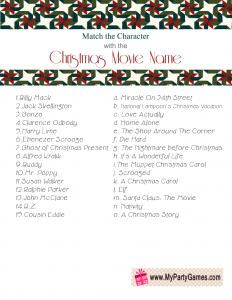 Printable Match the Character with the Christmas Movie Name Game