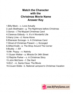 Match the Character with the Christmas Movie Name Game Answer Key