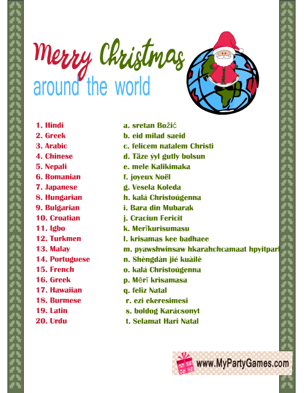 Free Printable Merry Christmas Around the World Game My Party Games