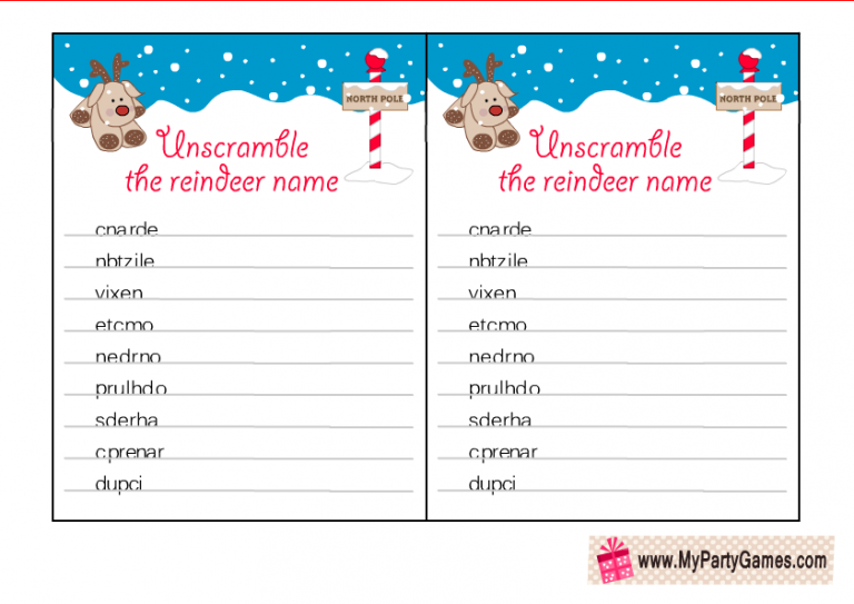 Free Printable Santa’s Reindeer Name Scramble Puzzle