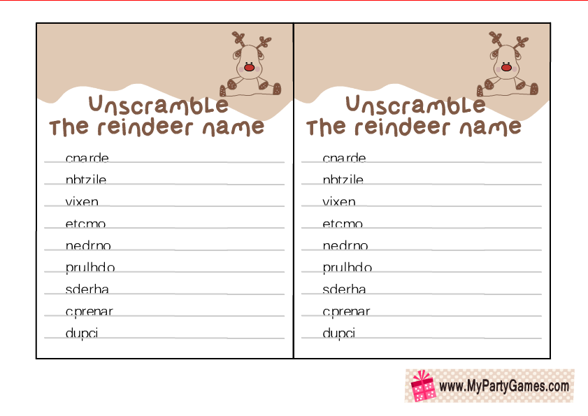Free Printable Santa's Reindeer Name Scramble Puzzle