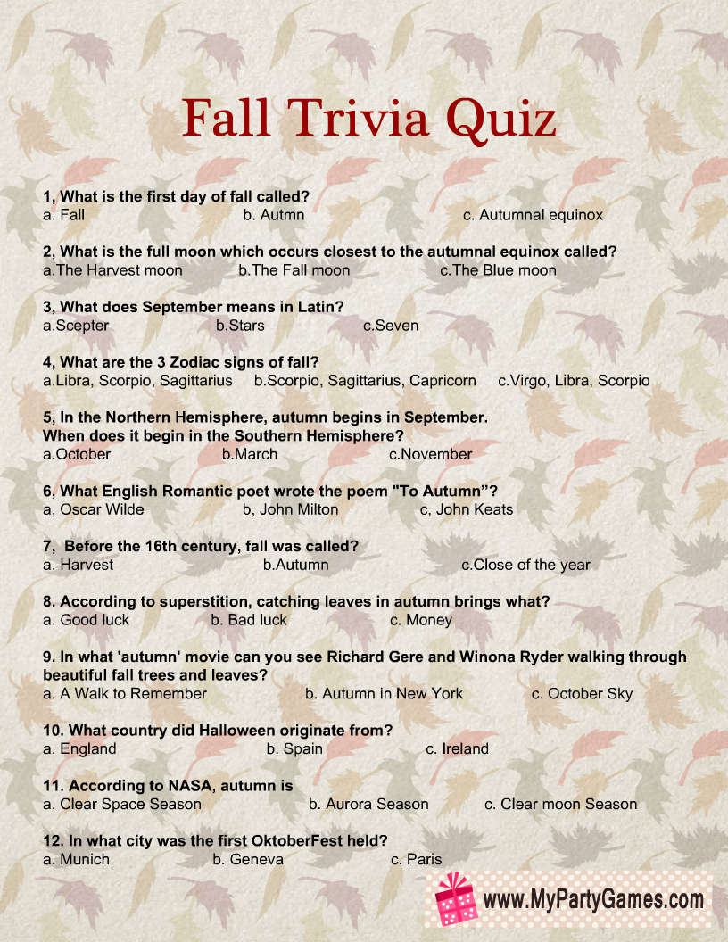 Free Printable Fall Trivia Quiz