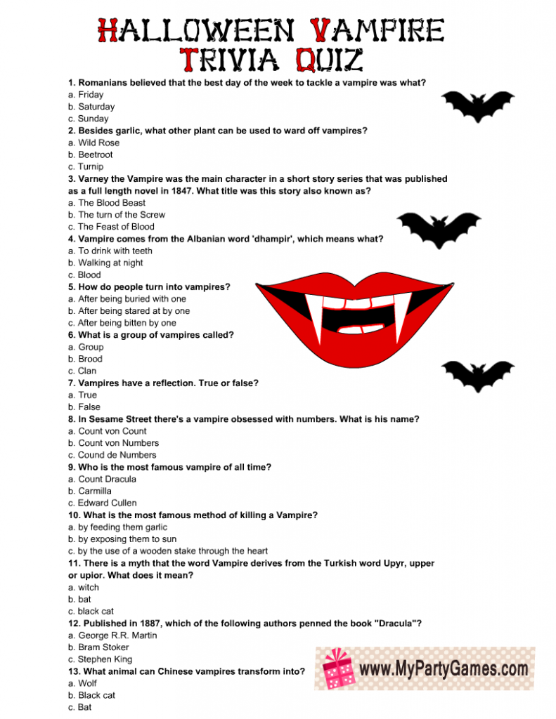 Free Printable Halloween Vampire Trivia Quiz 