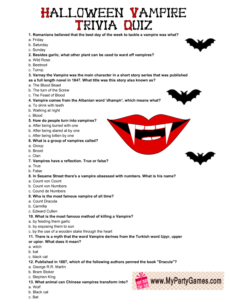 Free Printable Halloween Vampire Trivia Quiz My Party Games