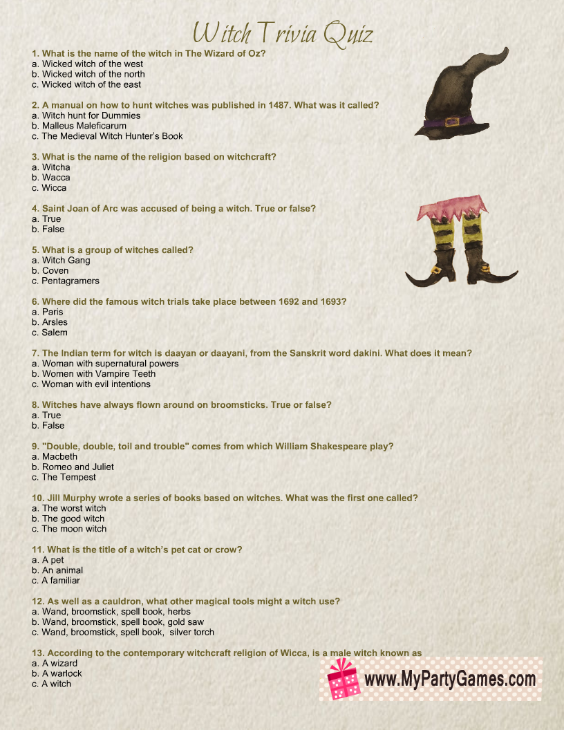 Free Printable Witch Trivia Quiz For Halloween My Party Games