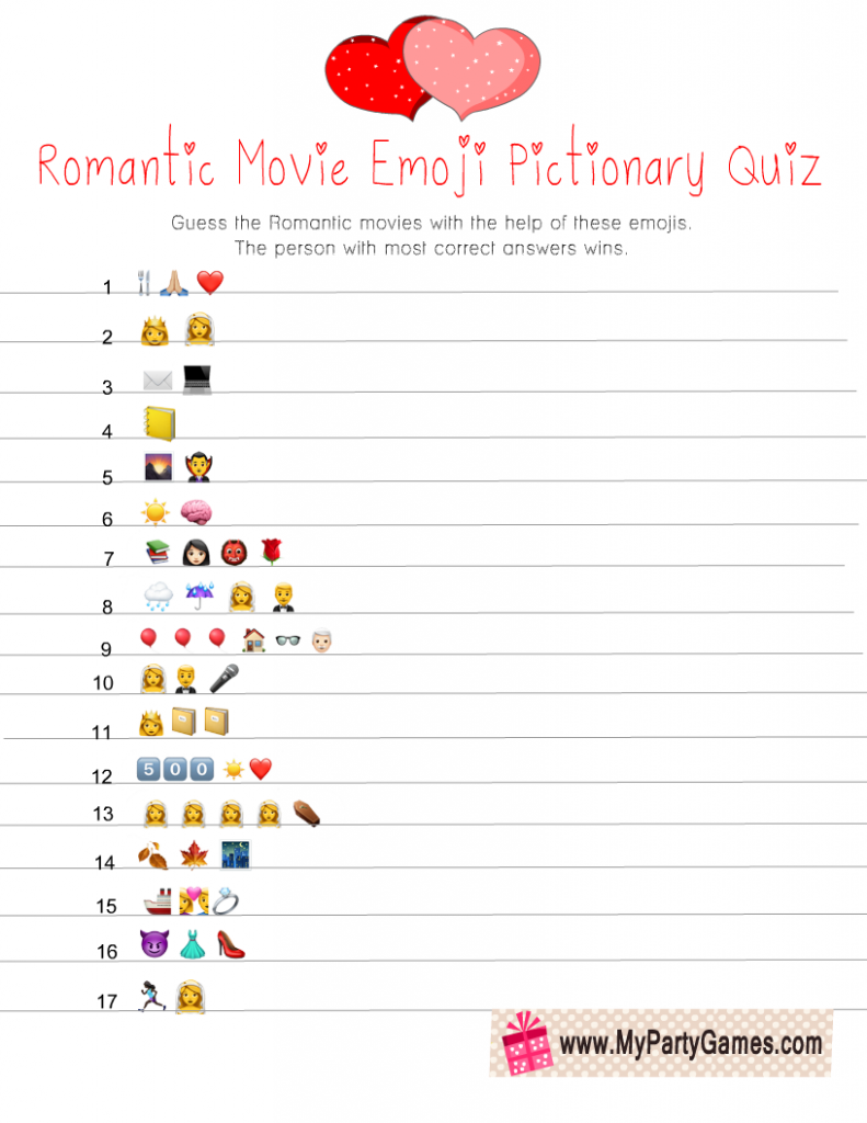 Romantic Movie Emoji Quiz Free Printable