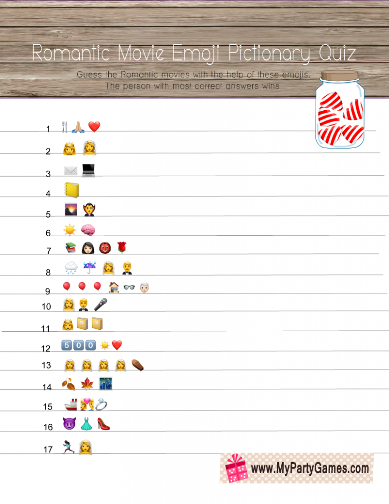 Free Printable Romantic Movie Emoji Pictionary Quiz