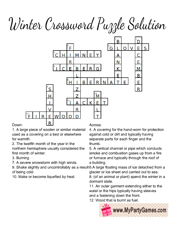 Winter Crossword Puzzle Answer Key