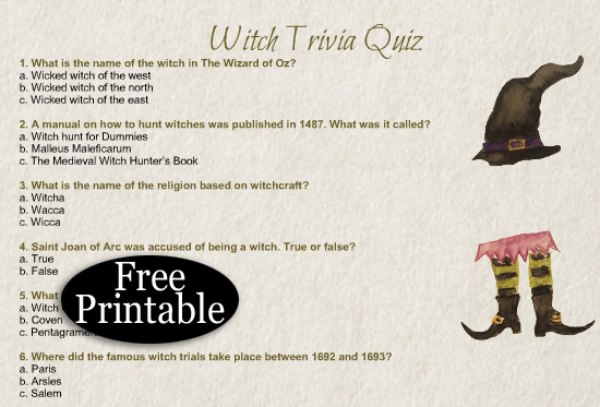 Free Printable Witch Trivia Quiz for Halloween