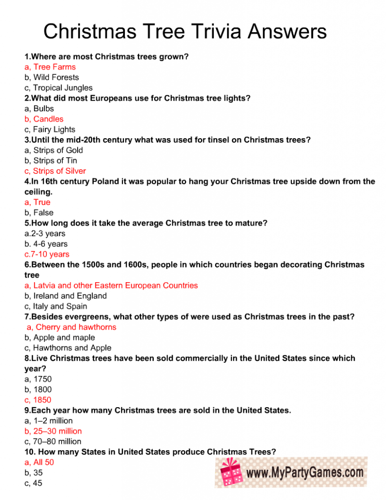Christmas Tree Trivia Quiz Answer Key