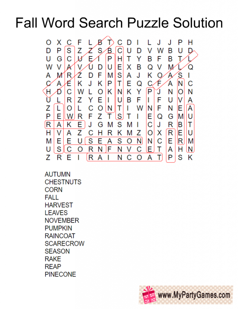 Free Printable Fall Word Search Puzzle Solution