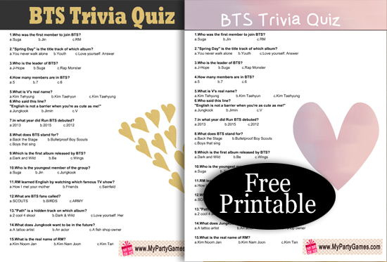 Free Printable BTS Trivia Quiz with Answer Key