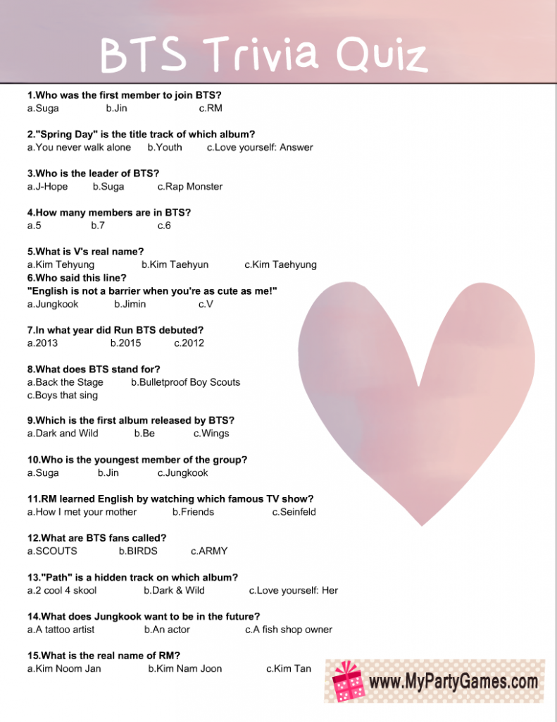 Free Printable BTS Trivia Quiz in Pink