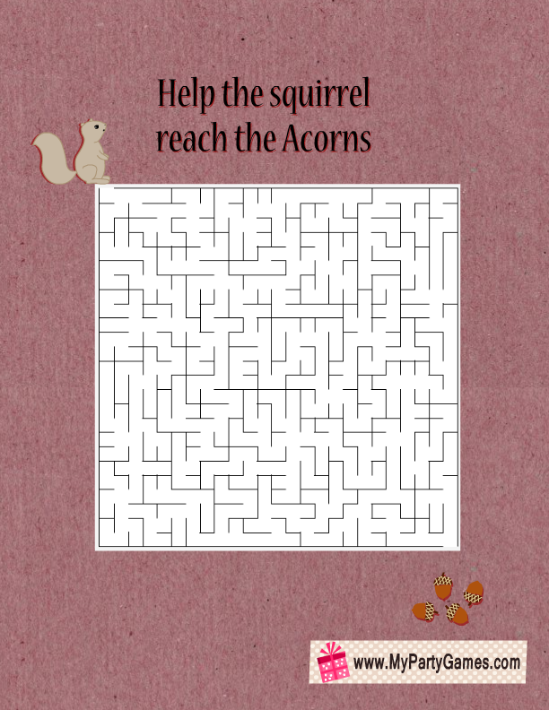 Help the Squirrel reach the Acorns, Free Printable Fall Maze