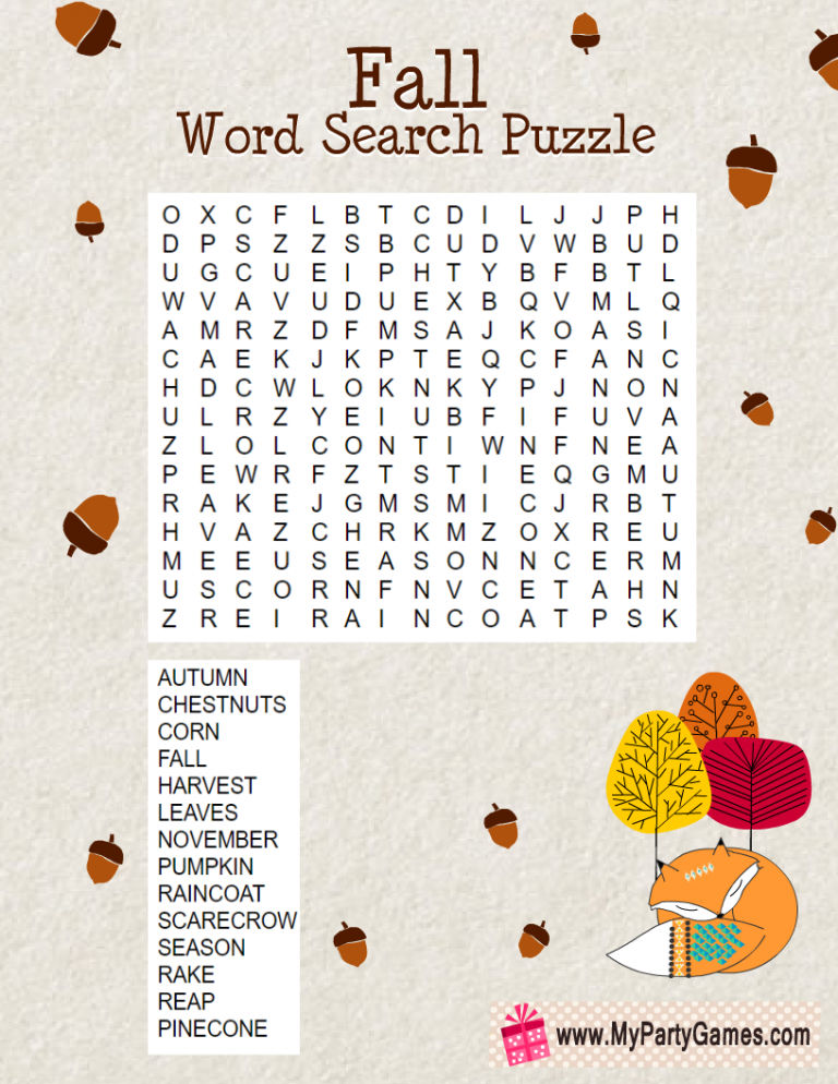 Free Printable Fall Word Search Puzzle with Solution