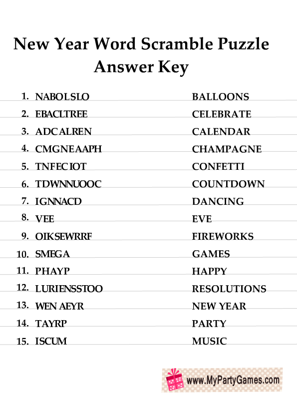 Free Printable New Year Word Scramble Puzzle