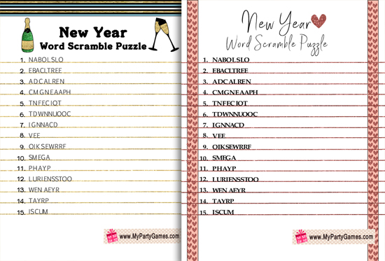 Free Printable New Year Word Scramble Puzzle