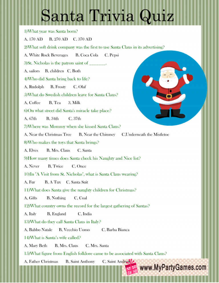 Free Printable Santa Trivia Quiz