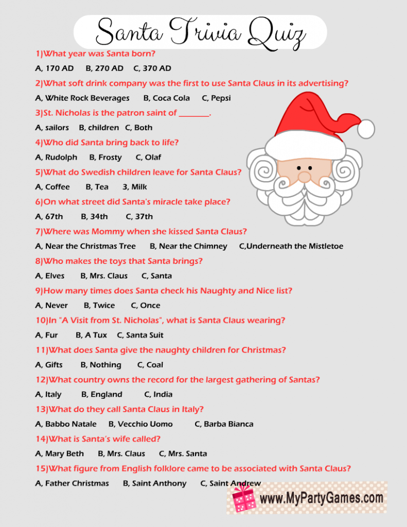 Free Printable Santa Trivia Quiz