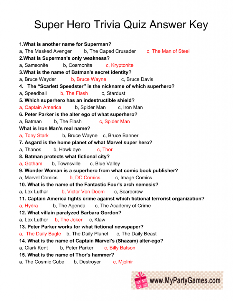 Super Hero Trivia Quiz Answer Key