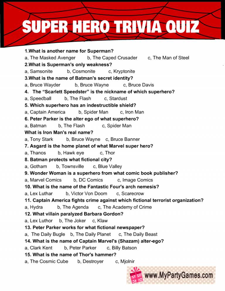 Free printable superhero trivia quiz