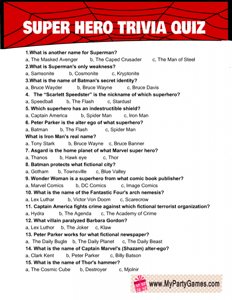 Super Hero Trivia Quiz Free Printable